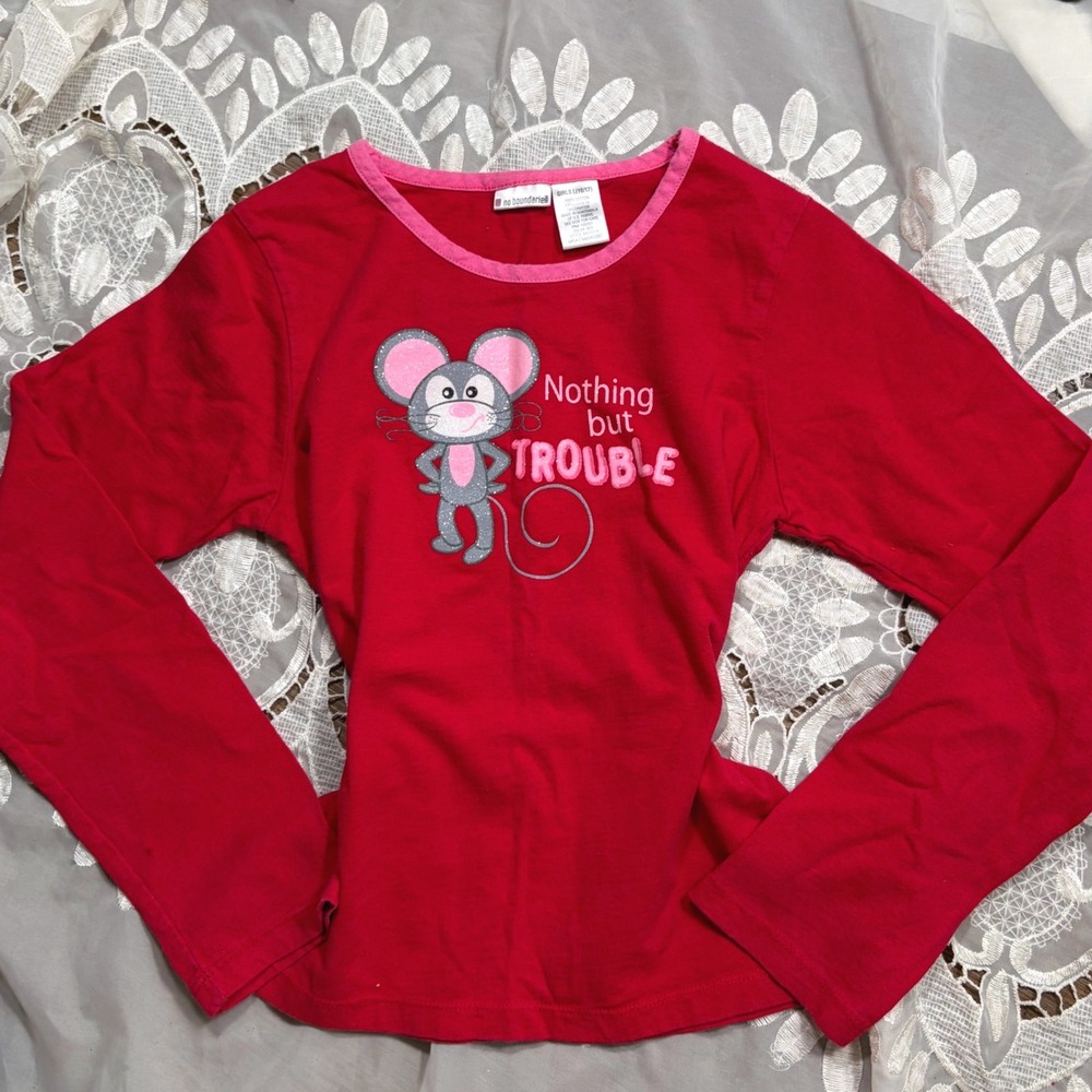 Rare Y2K Cute No Boundaries Red Long Sleeve Mouse Graphic Tee Trouble XS